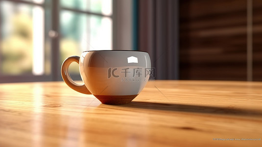 复古木质桌面背景图片_带有 3D 渲染咖啡杯的木质桌面