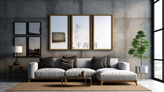 复古式家具背景图片_现代客厅配有时尚的混凝土装饰舒适的沙发和家具以及以 3D 渲染的美丽的墙壁艺术分组
