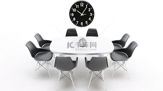 商务企业团队背景图片_以时钟为中心的桌子，白色背景上有 3d 椅子