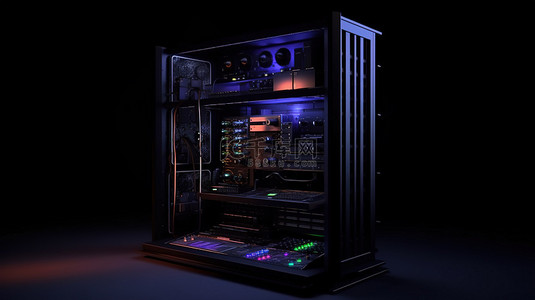 专业音响架和乐器的黑暗工作室 3D 渲染