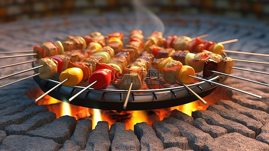 海鲜烧烤啤酒广场背景图片_1 烤架上烧烤串的 3D 渲染