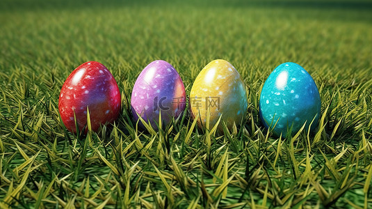 复活节彩蛋和花朵背景图片_充满活力的复活节彩蛋坐落在郁郁葱葱的绿色田野 3D 渲染中