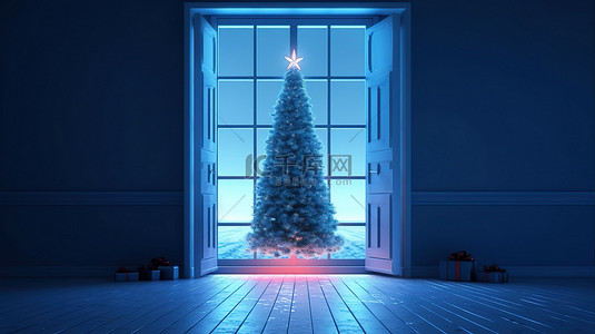 窗户圣诞节背景图片_通过蓝色开窗查看圣诞树的 3D 渲染