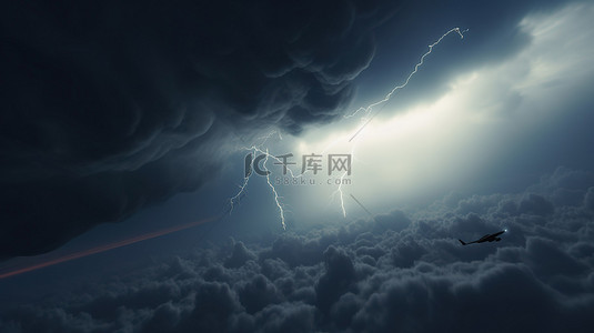 雷雨天背景背景图片_航行在动荡的天空中 闪电击中暴风云的 3D 插图