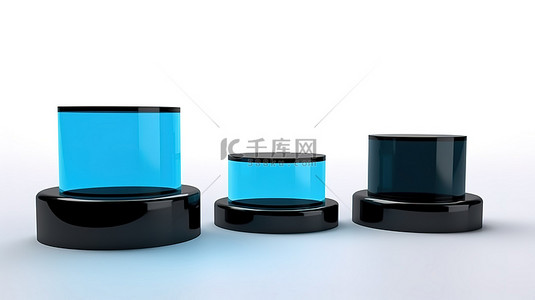 黑色底座背景图片_时尚的黑色底座，带有亮蓝色玻璃，用于产品展示或白色背景上的广告 3D 渲染