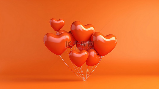 充满活力的心形红色气球，橙色背景上的节日生日场景 3D 插图在水平横幅中呈现