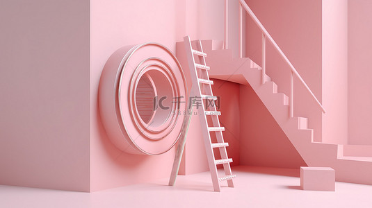 概念化业务目标 3D 阶梯在浅粉色柔和的背景下攀登成功