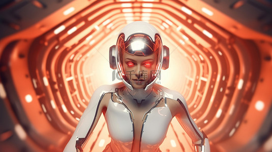 未来女性机器人在科幻游戏和电影场景中驾驶宇宙飞船的 3D 渲染