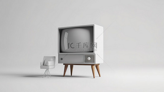经典电视显示样机屏幕现代设计，白色背景上有金属腿