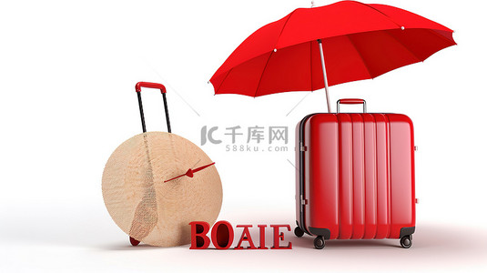 夏季零食背景图片_用沙滩伞球和手提箱在 3d 渲染的白色红色夏季文本上隔离