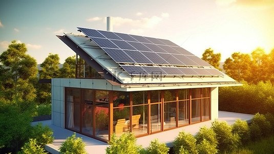 屋顶上有太阳能电池板的生态友好型房屋的 3D 插图