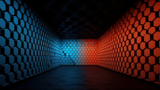 房间的角落背景图片_矩形房间的 3D 插图，角落里有充满活力的橙色蜂窝黑蓝色和红色口音