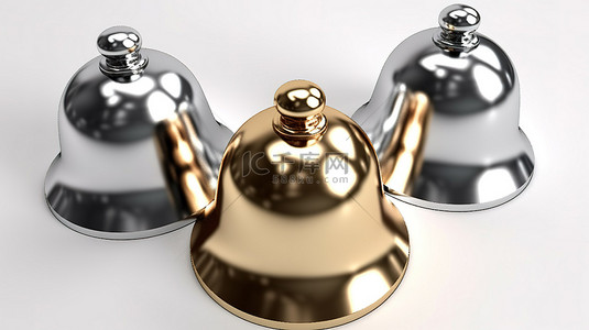 新年庆祝概念在白色背景上隔离金银和铜铃的 3D 渲染