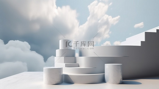 带楼梯和抽象云天空背景的产品展示台 3D 渲染