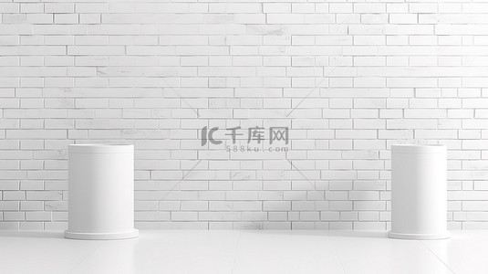 白色圆柱背景图片_砖背景上的白色圆柱讲台，用于产品展示 3D 渲染插图