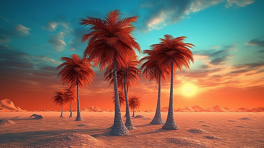 沙漠水背景图片_日落时沙漠中高高矗立的椰子树的 3D 渲染插图