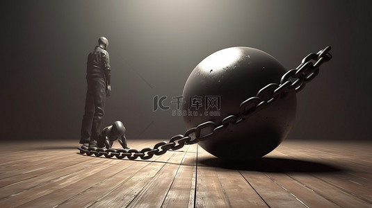 被锁链囚禁的罪犯 3D 渲染，被拴在铁球上的受惩罚罪犯