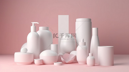 柔和的背景与白色空白塑料化妆品容器 3D 渲染产品包装