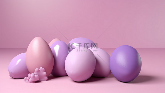 春季为背景图片_柔和的粉红色背景，带有令人惊叹的 3d 渲染复活节彩蛋，为您的春季项目提供紫色和粉红色