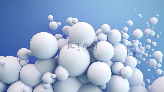 白色球体在宁静的蓝色背景上异想天开的排列，充满活力的哑光气泡以 3D 渲染