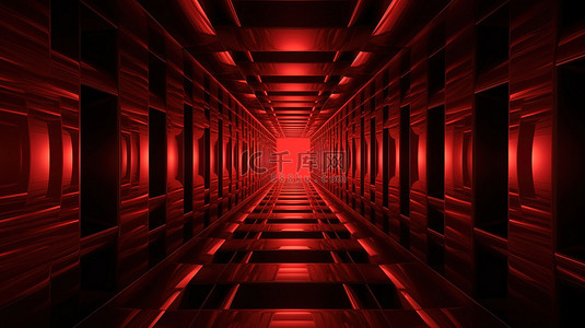 红色对称形状在黑色背景下以抽象视角创建三维几何隧道