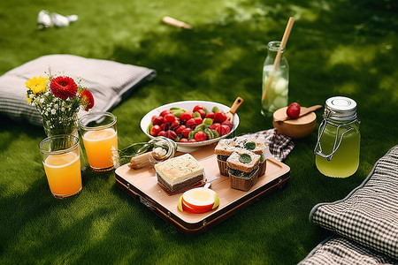 沙拉汁背景图片_草地上野餐，提供水果和饮料