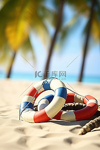 沙滩巾和棕榈树旁边的沙子上铺着救生圈