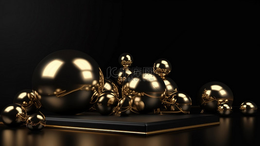 黑色讲台为深色背景上的豪华金色图案和 3D 渲染球体奠定了基础