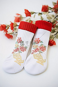 白色圣诞袜背景图片_白色和金色刺绣圣诞袜