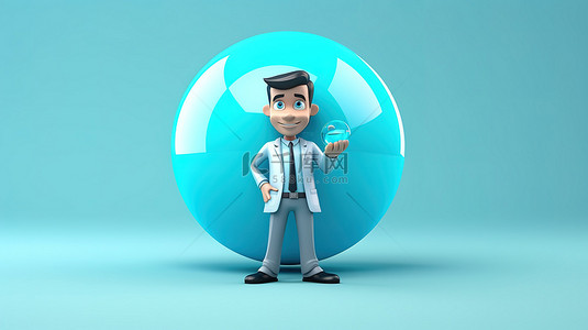 卡通风格 3D 插图，一名男医生拿着一颗大蓝色药丸