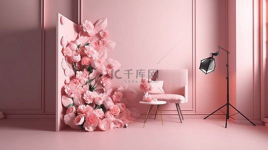 摄影粉色背景图片_3D 摄影工作室照亮花卉讲台，拍摄完美照片