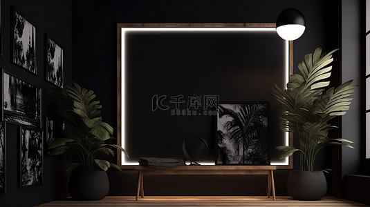 黑色房间背景图片_时尚的黑色房间中的画框模型，室内植物装饰和柔和的灯光
