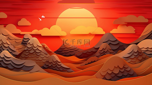 梦想的海报背景图片_日落地平线橙色天空和云彩的艺术 3D 剪纸插图