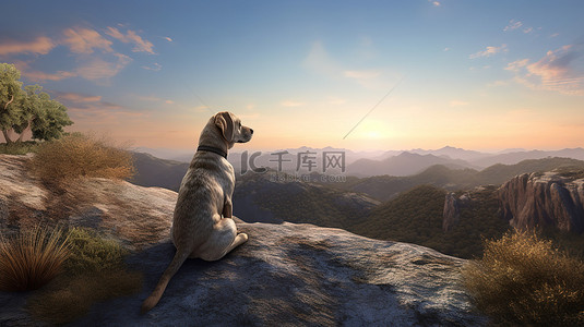 山太阳背景图片_犬在风景秀丽的山顶上放松 3D 渲染图像