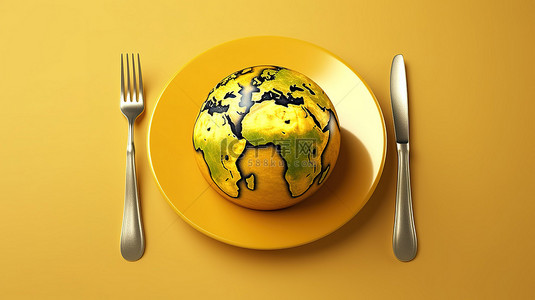 用 3d 的盘子和餐具描绘全球粮食短缺