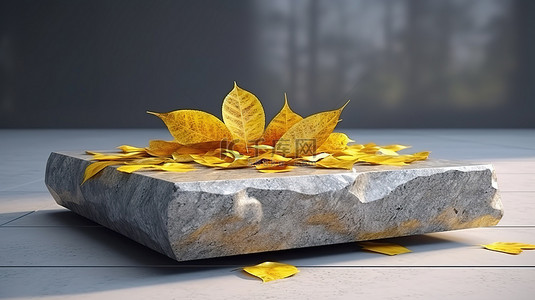 黄叶坐在 3D 渲染的石头讲台上