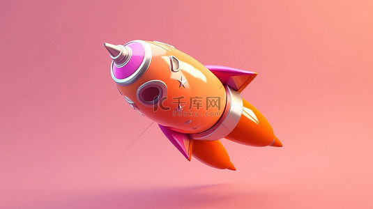 空间穿梭背景图片_粉红色天空的 3D 插图，橙色卡通火箭宇宙飞船在充足的复制空间中翱翔