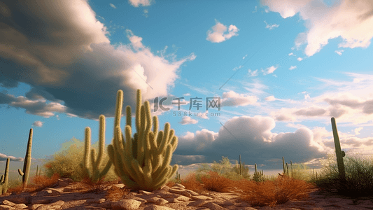 沙漠蓝天白云沙植物的真实背景