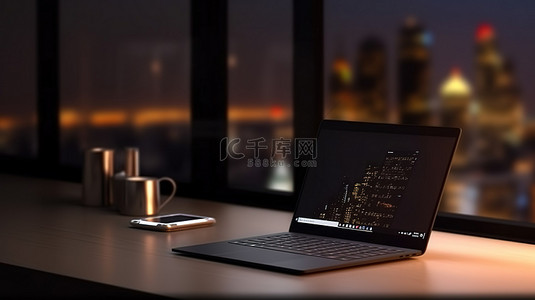 夜间黑暗办公室令人惊叹的笔记本电脑模型 3D 渲染，具有特写视图和桌子上充足的复制空间