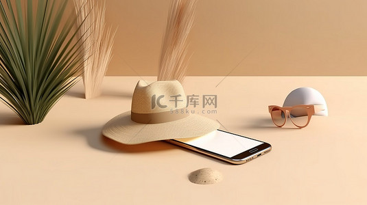 海滩配件和暑假背景上手机模型的 3D 渲染