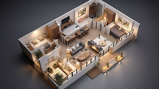 公寓或房屋平面图的 3D 渲染