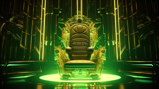金色背景上闪闪发光的绿色 3D 渲染的未来国王宝座