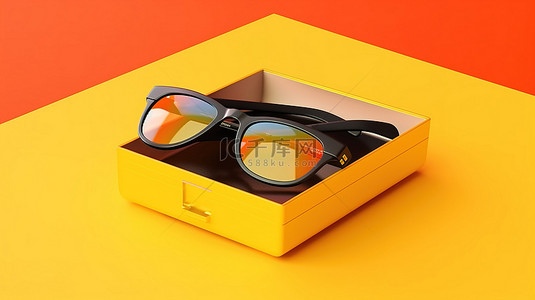 cd盒子背景图片_从上方查看 CD 装在盒子和 3D 眼镜中，背景为鲜艳的黄色