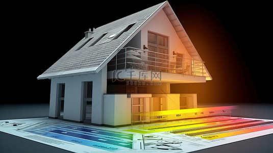 太阳能表背景图片_以 3D 形式描绘的节能房屋，并附有蓝图和评级表