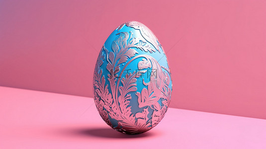带有蓝色装饰的复活节彩蛋，在充满活力的粉红色背景上以双色调风格展示 3D 建模