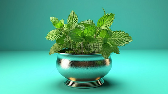 天然食物背景背景图片_青色背景上新鲜薄荷叶的金属花瓶高品质 3D 渲染