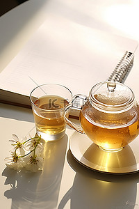 茶壶和杯子与空记事本