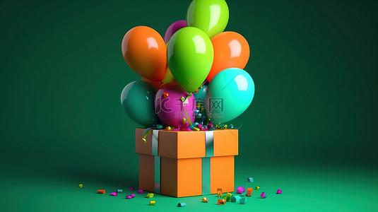 绿色背景 3D 模型上充满活力的气球和礼物盒