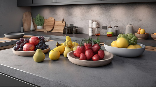 现代混凝土厨房柜台上展示的新鲜水果促进健康的饮食习惯 3d 渲染