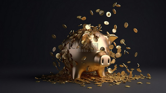 下降背景图片_存钱概念存钱罐在 3d 渲染与金币下降